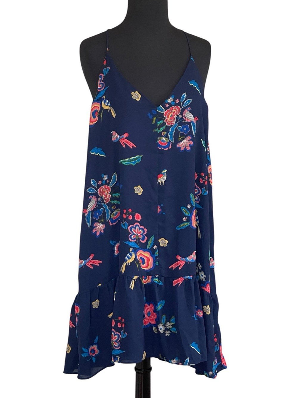 Aqua Navy Bird Floral Spaghetti Strap Short Dress Sz L Chiffon Tassels Coverup